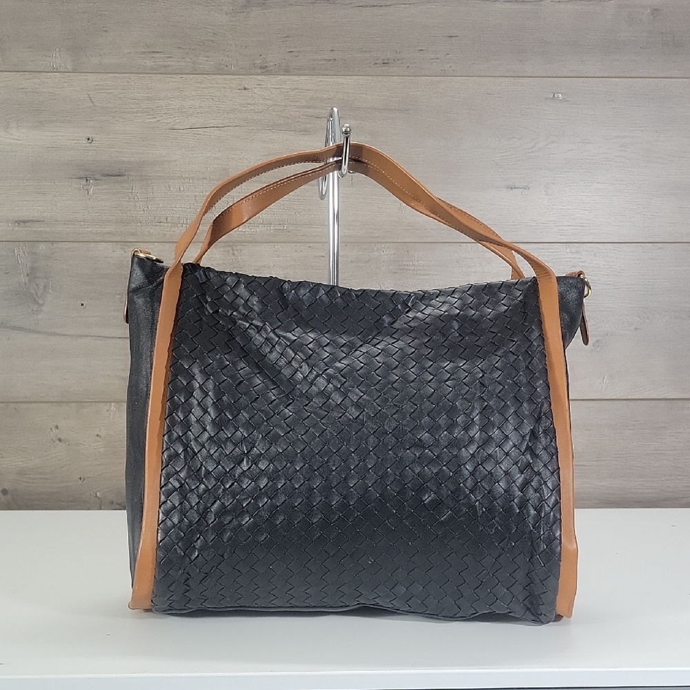 Giorgia Milani Woven Black Leather Tote with Tan Trim